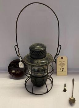 BR(BURLINGTON ROUTE) RAILROAD LANTERN, DATE NAIL, SPOON, ROCK ISLAND ASH TRAY