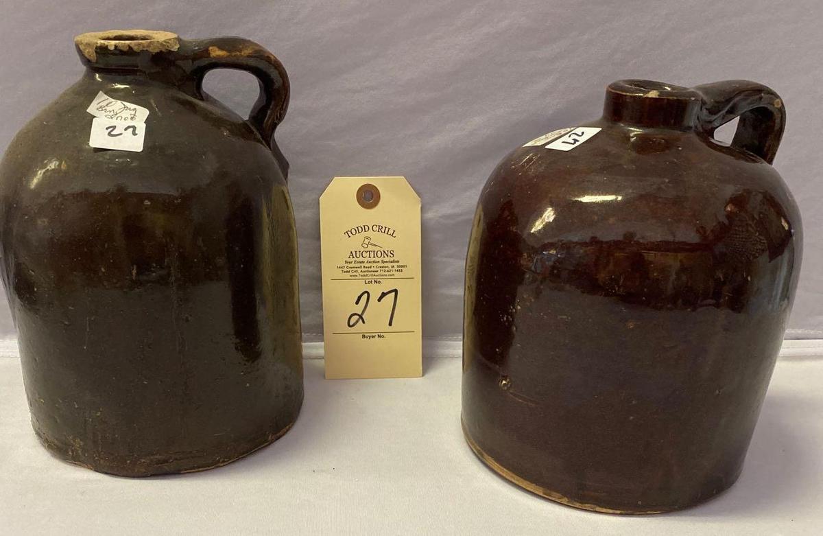 2 BROWN STONEWARE CROCK JUGS