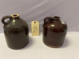 2 BROWN STONEWARE CROCK JUGS