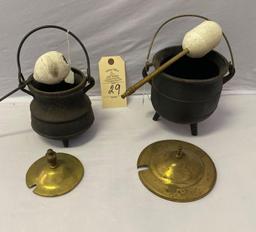 2 CAST IRON POTS WITH LID AND STIRRER