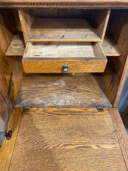 Antique oak drop front secretary with side curio