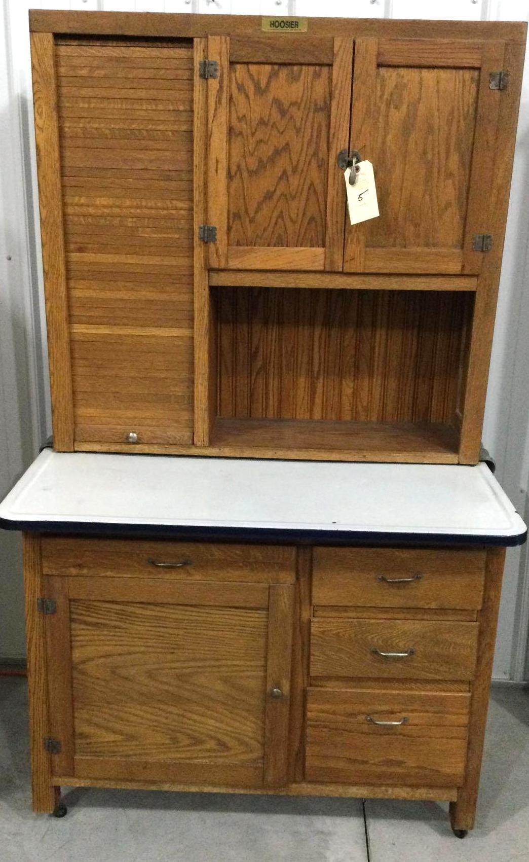 Antique oak Hoosier cabinet tambour door, enamel top