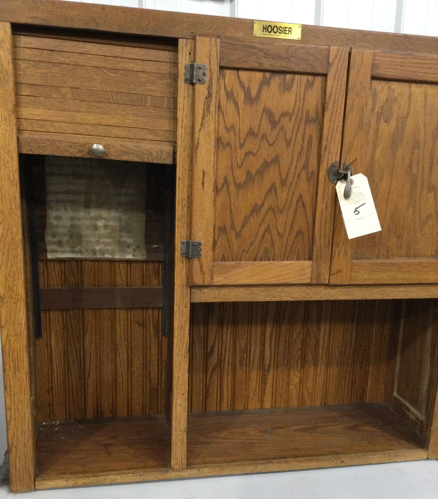 Antique oak Hoosier cabinet tambour door, enamel top