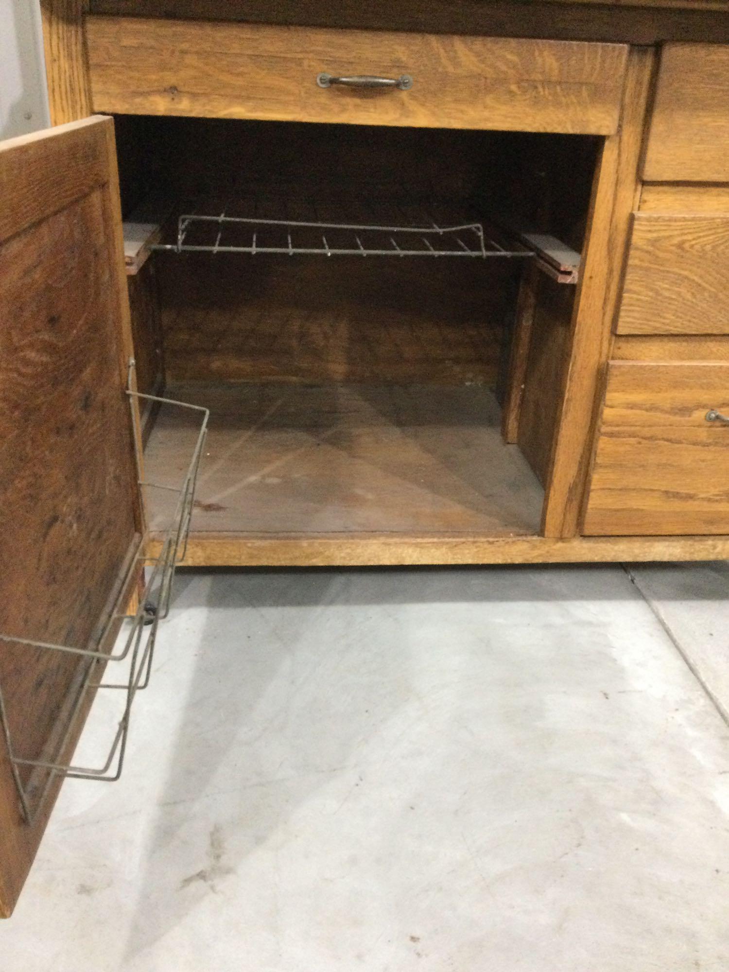 Antique oak Hoosier cabinet tambour door, enamel top