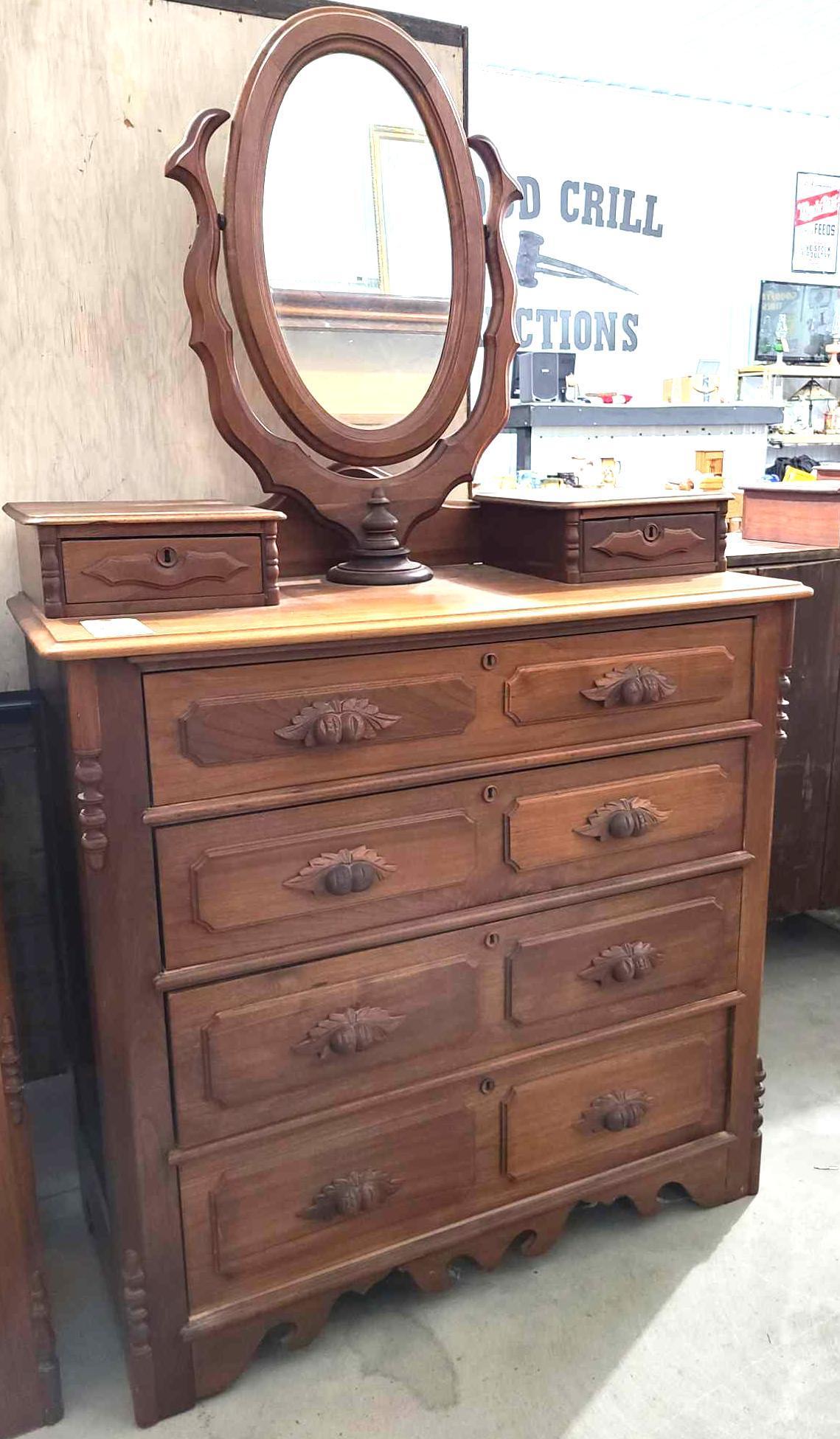 Walnut dresser w/ oval mirror