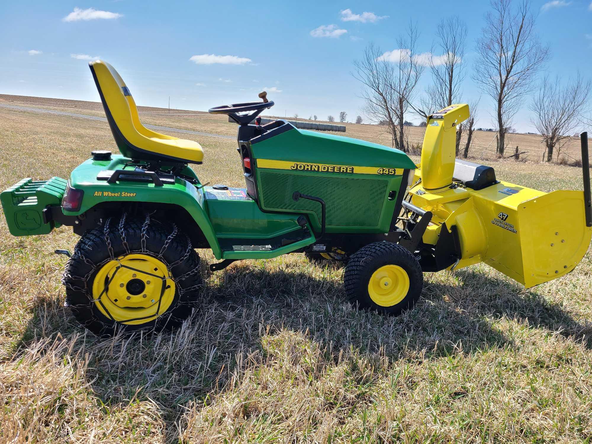 John Deere 445 All Wheel Steer Garden Tractor w/JD 47 Quick Hitch Snow Blower