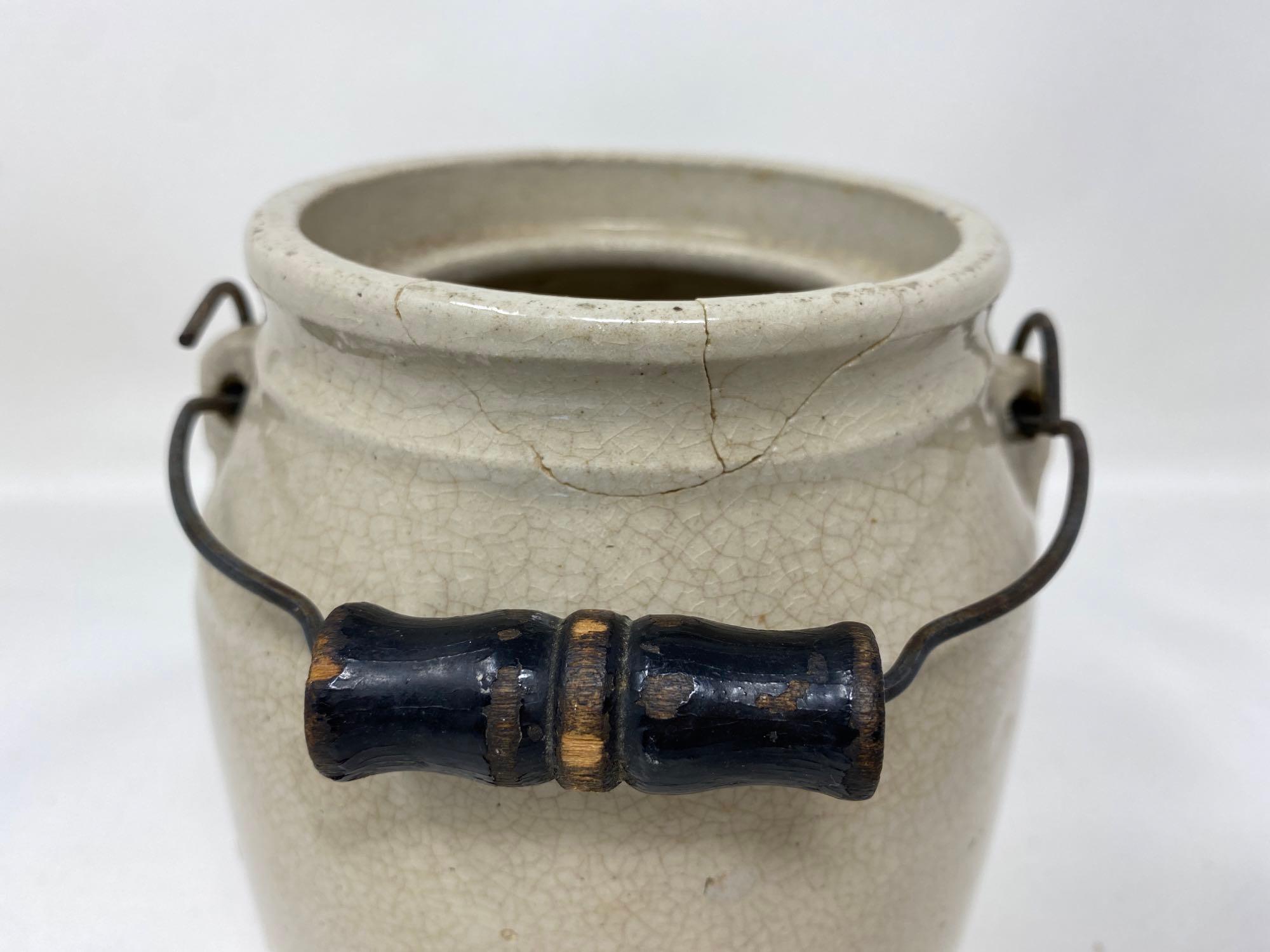 Antique white crock jug with lid and handle