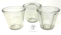 Three antique clear glass 2 cup beater jars