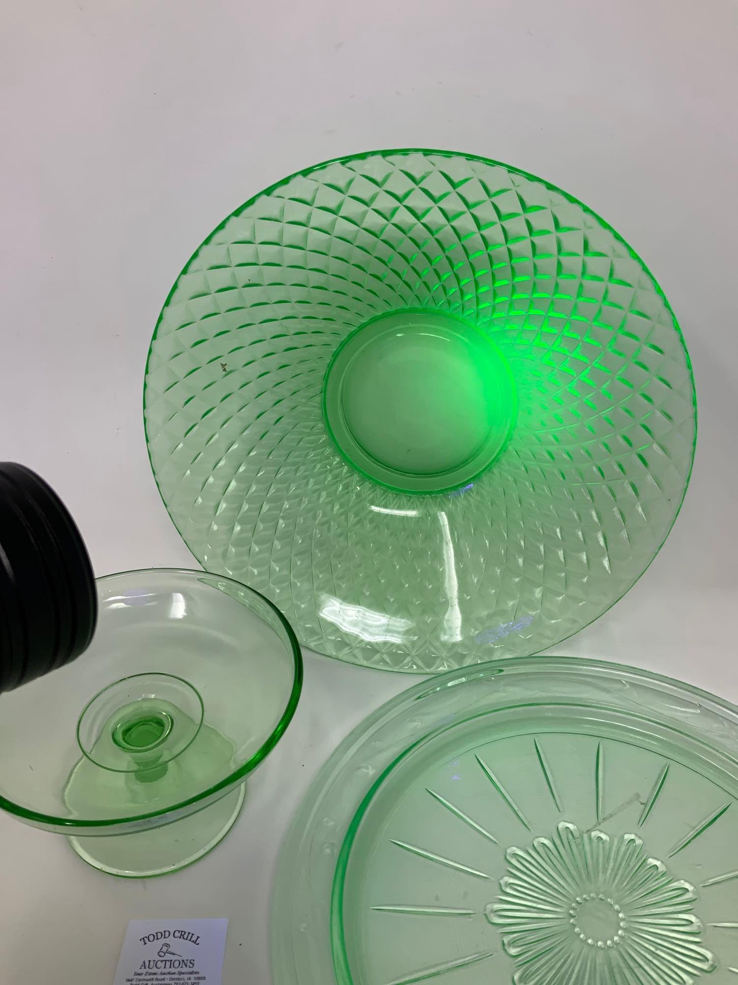 Vintage uranium green depression glass 10 in plate and bowl