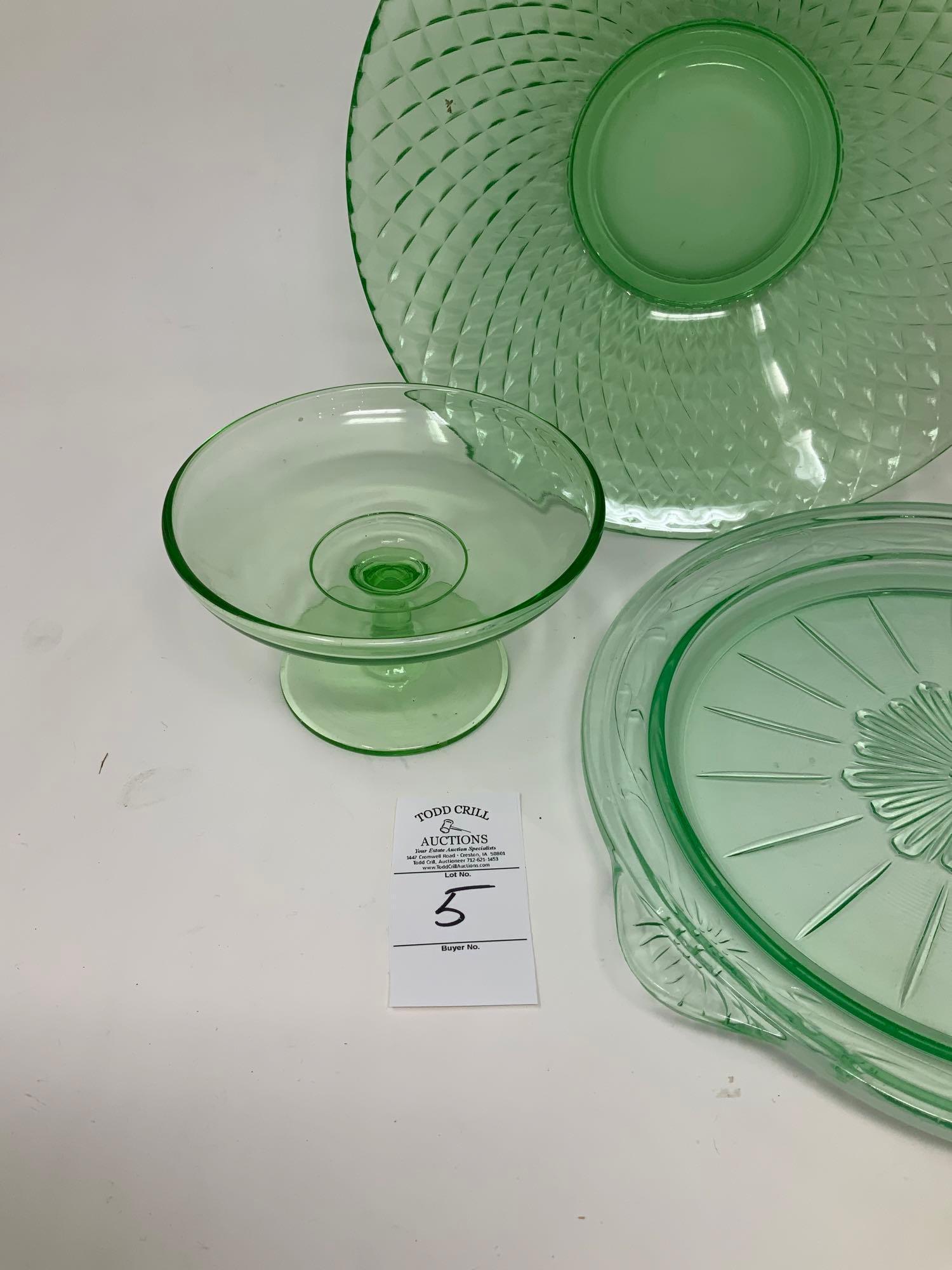 Vintage uranium green depression glass 10 in plate and bowl
