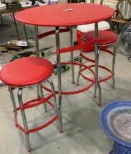 Red round bar table and 2 stools