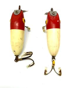 TWO VINTAGE RED AND WHITE LURES