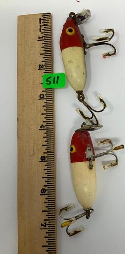 TWO VINTAGE RED AND WHITE LURES