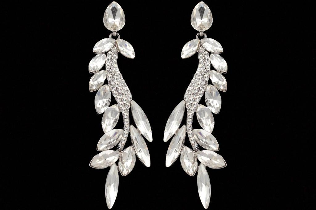 Rhodium Plated Clear Crystal Rhinestone Wedding Drop Earrings