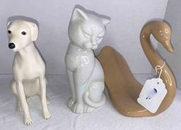 Dog, Cat, Swan Ceramic Figurines apox  8"