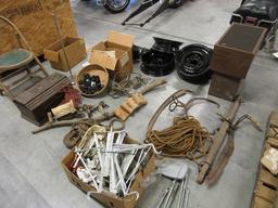 ANTIQUE HORSE RIGGINGS, '55 CHEVY RIMS, BRASS FOOT RAILS, SPEAKERS, MISC.