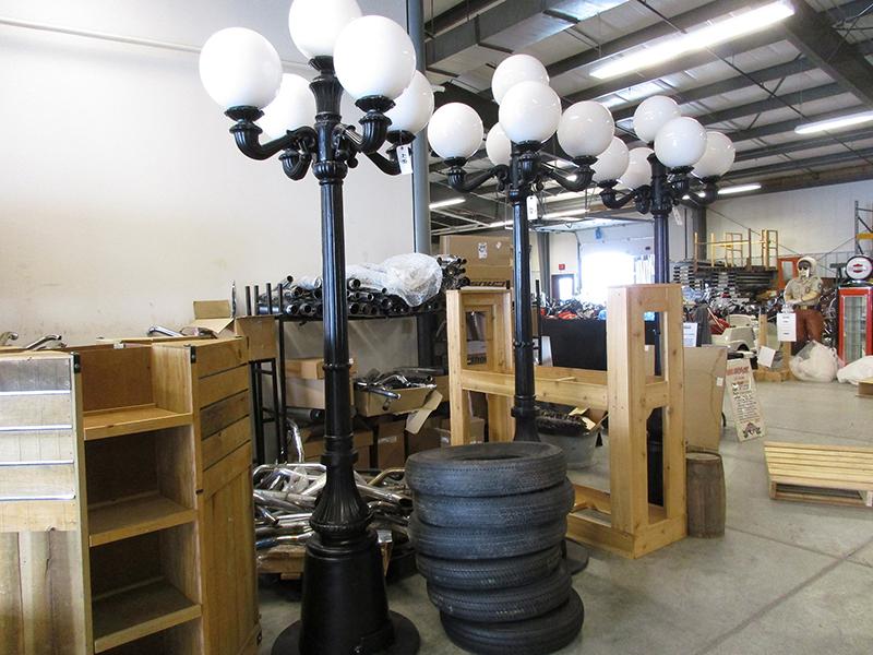 THREE (3) 9' HIGH FIVE GLOBE INDOOR LAMP POSTS W/110V