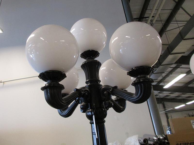 THREE (3) 9' HIGH FIVE GLOBE INDOOR LAMP POSTS W/110V