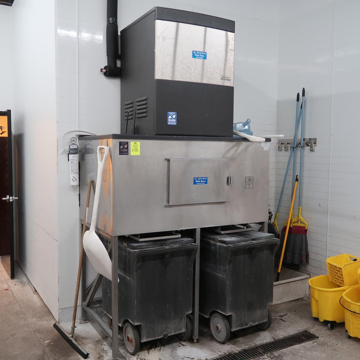Howe ice flaker, w/ storage cabinet & 2) transport bins