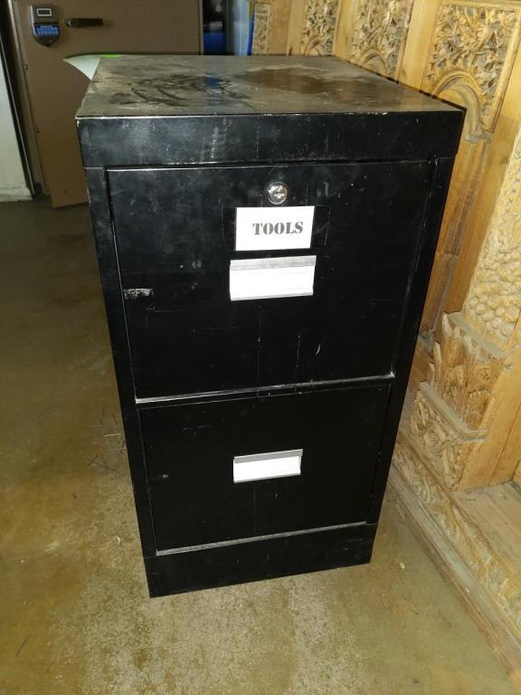 2 drawer metal file cabinet with contents