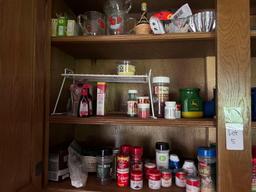 LARGE CABINET CONTENTS; SPICE JARS, CUPS, MISC
