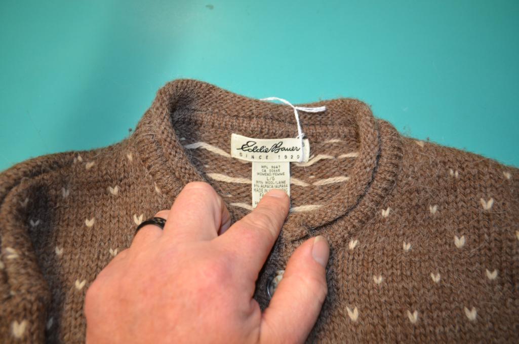 Eddie Bauer 91% wool hand knit snowflake 3/4 sleeve sweater