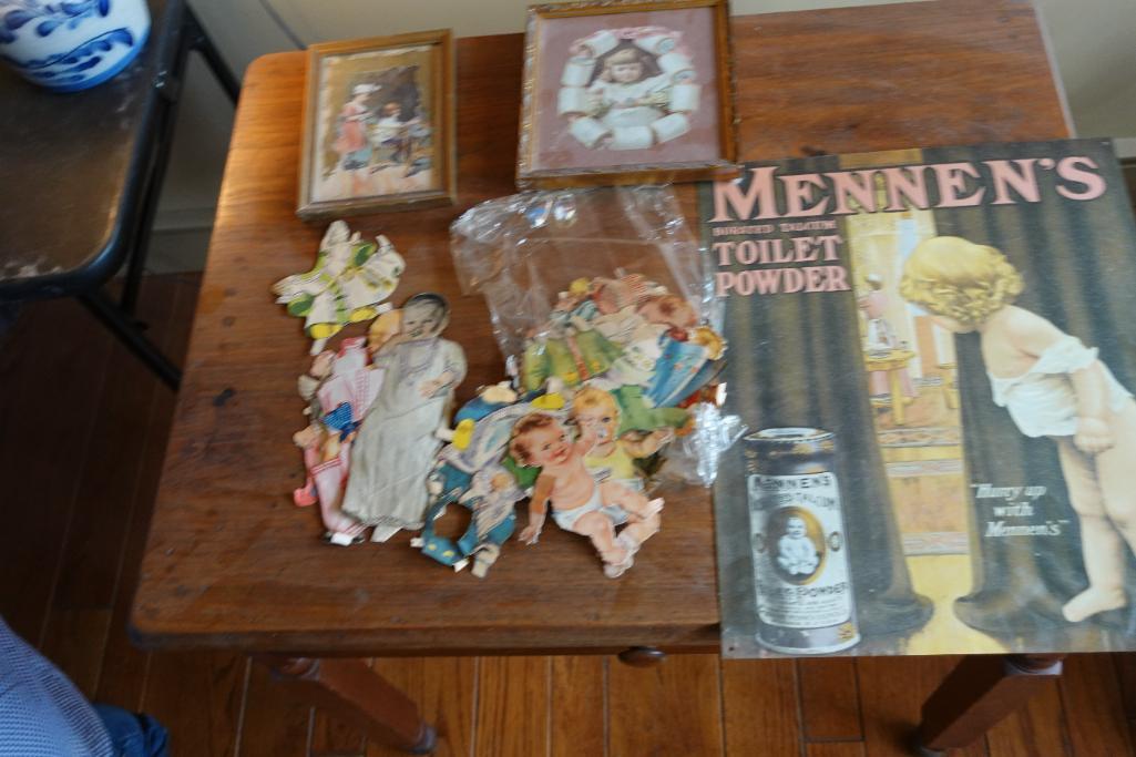 Lot of Paper Dolls, Metal Modern Sign, & (2) Pictures
