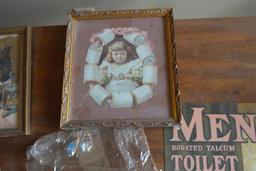 Lot of Paper Dolls, Metal Modern Sign, & (2) Pictures