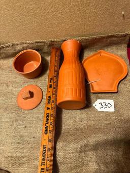 LOT OF 3 - TERRA COTTA PIECES - CHIP ON LIP OF VASE