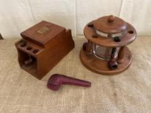 VINTAGE LOT OF TOBACCO JARS, PIPES HOLDER STANDS HUMIDORS & AUSTRIA PIPE CASE
