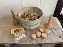OLD WOODEN BUCKET FILLED W/ WOODEN SPOOLS, YO-YOS, FORSTER DOLL STANDS & MORE