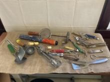 VINTAGE FLAT OF KITCHEN UTENSILS WIT WHIP, SCOOPS, EGG BEATERS, BOTTLE OPENERS & MORE