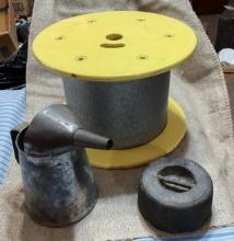VINTAGE LOT INCLUDING WOOD & METAL SPOOL 9 TALL X 14 ACROSS, 2 QT. OIL CAN & 15 LB. WEIGHT