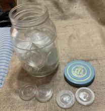 VINTAGE CFJ COMPANY CLEAR GLASS JAR FILLED 10 INCHES TALL WITH PRESTO GLASS CANNING LIDS SEALS