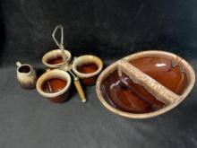 LOT OF BROWN DRIP POTTERY PCS & STAND DIVIDED DISH HAS FLAW OR TINY CHIP