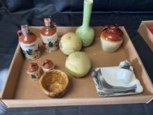 FLAT OF STONEWARE SPICE,SALT AND PEPPERS, ASHTRAY AND MORE