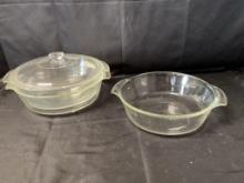 3 VINTAGE FIRE KING BAKING DISHES, ONE LID