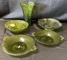 FLAT OF VINTAGE AVOCADO GREEN CANDY DISHES AND VASE