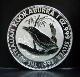 1992 AUSTRALIA ELIZABETH II 1 OZ. FINE SILVER KOOKABURRA