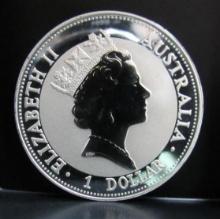 1992 AUSTRALIA ELIZABETH II 5 DOLLAR 1 OZ. TROY OZ. FINE SILVER KOOKABURRA