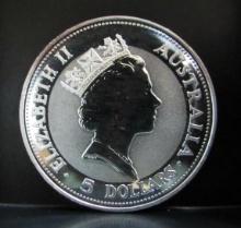 1991 AUSTRALIA ELIZABETH II 5 DOLLARS 1 OZ. SILVER KOOKABURRA