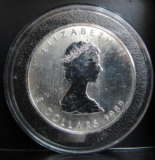 1989 CANADA QUEEN ELIZABETH II 5 DOLLARS 1 OZ. FINE SILVER