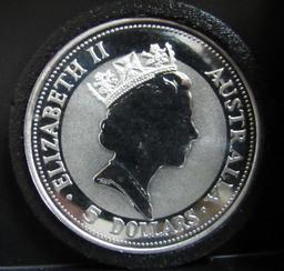 1991 AUSTRALIAN QUEEN ELIZABETH II 5 DOLLARS KOOKABURRA 1 OZ. 999 SILVER