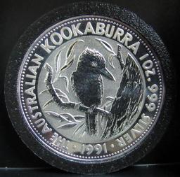 1991 AUSTRALIAN QUEEN ELIZABETH II 5 DOLLARS KOOKABURRA 1 OZ. 999 SILVER