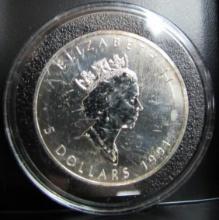 1991 CANADA QUEEN ELIZABETH II 5 DOLLARS 1 OZ. FINE SILVER