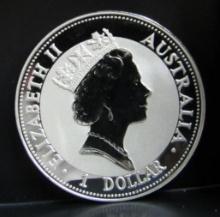 1992 AUSTRALIAN QUEEN ELIZABETH II 1 DOLLARS KOOKABURRA 1 OZ. 999 SILVER