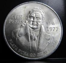 1977 MEXICAN GENERAL JOSE MARIA MORELOS 100 PESOS PURE SILVER 20 GRAMS