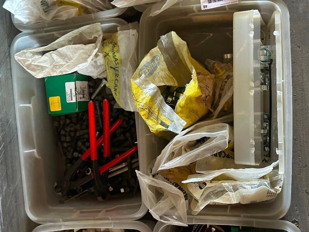 (7) Plastic Totes with hardware, Hardware includes nuts bolts, etc.