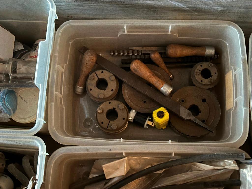 Approx. 20 Plastic totes of hardware found in an industrial setting