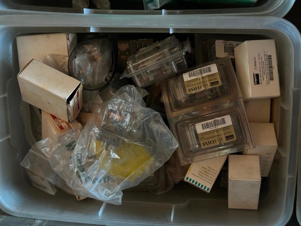 Approx. 20 Plastic totes of hardware found in an industrial setting